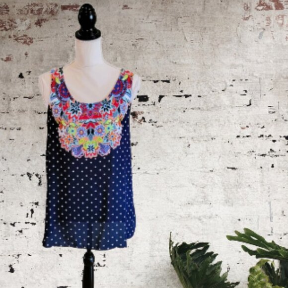 NWT Est 1946 Sleeveless Polka Dot and Floral Blouse Navy Blue in Size Large - Picture 1 of 4